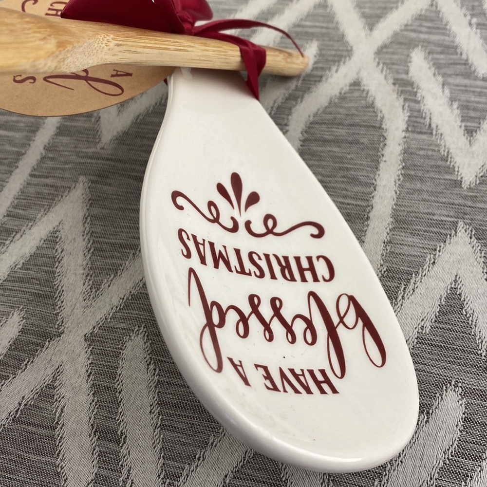 Ceramic Have a Blessed Christmas Spoon Rest & Wooden Spoon NWT Hostess Gift - Picture 4 of 6